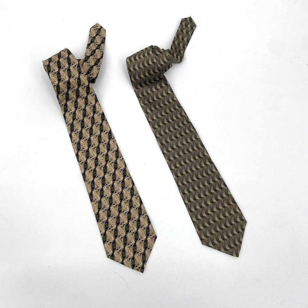 Set Of 2 100% Silk Ties Pierre Cardin Ziggurat Green Cream Neck Ties